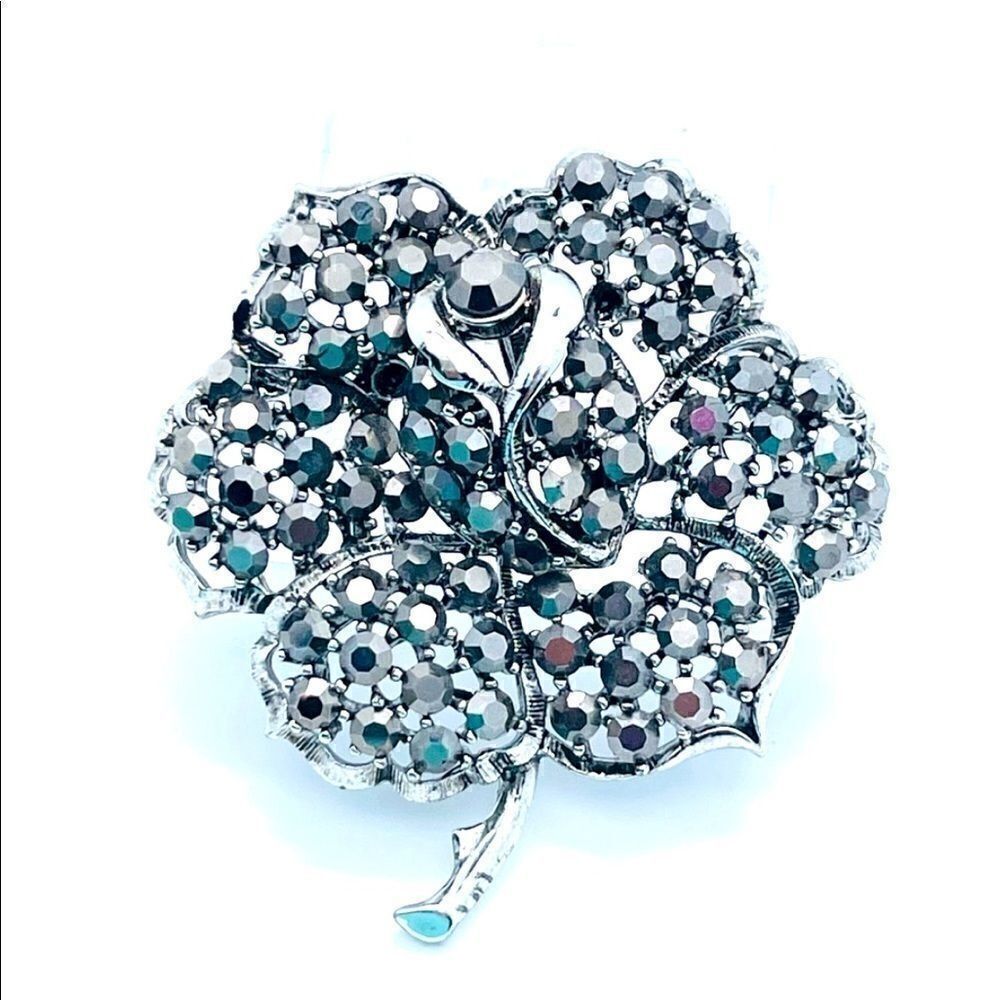 Weiss Large Jappaned Black Rhinestone Flower Brooch, Signed